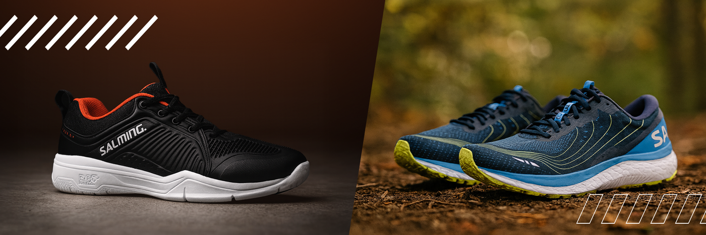 Two pairs of running shoes, one black and white, the other blue and green, on a dark background.
