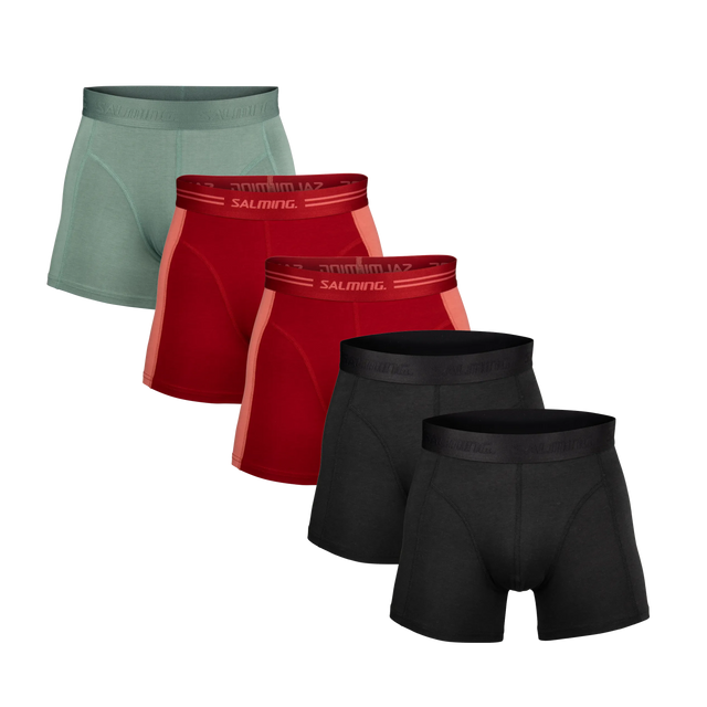 Set of men's boxer briefs in green, red, and black on a white background