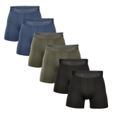 Six pairs of men's boxer briefs arranged in a staggered diagonal layout on a white background. The colors are navy blue, slate blue, olive green and black.