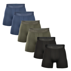 Six pairs of men's boxer briefs arranged in a staggered diagonal layout on a white background. The colors are navy blue, slate blue, olive green and black.