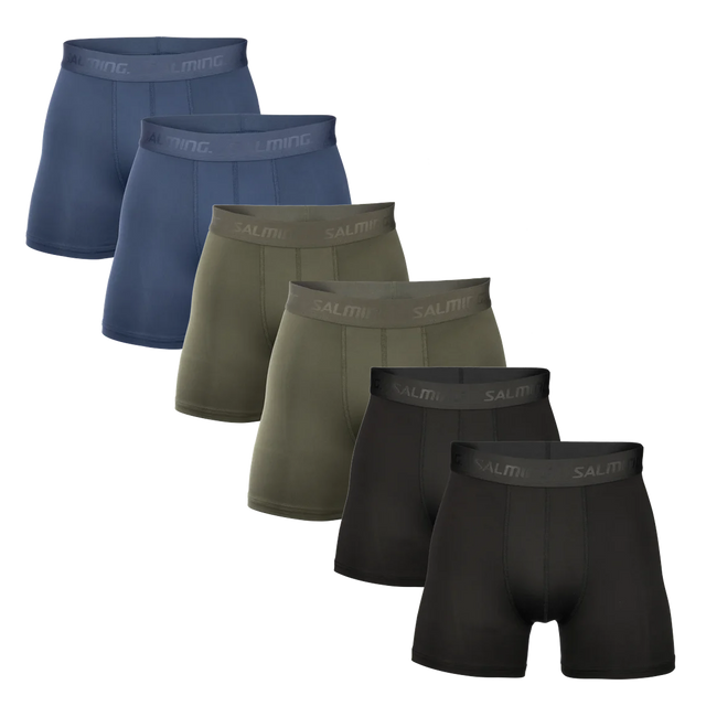 Six pairs of men's boxer briefs arranged in a staggered diagonal layout on a white background. The colors are navy blue, slate blue, olive green and black.