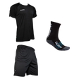 Black athletic shirt, shorts, and socks with Salming branding on a white background